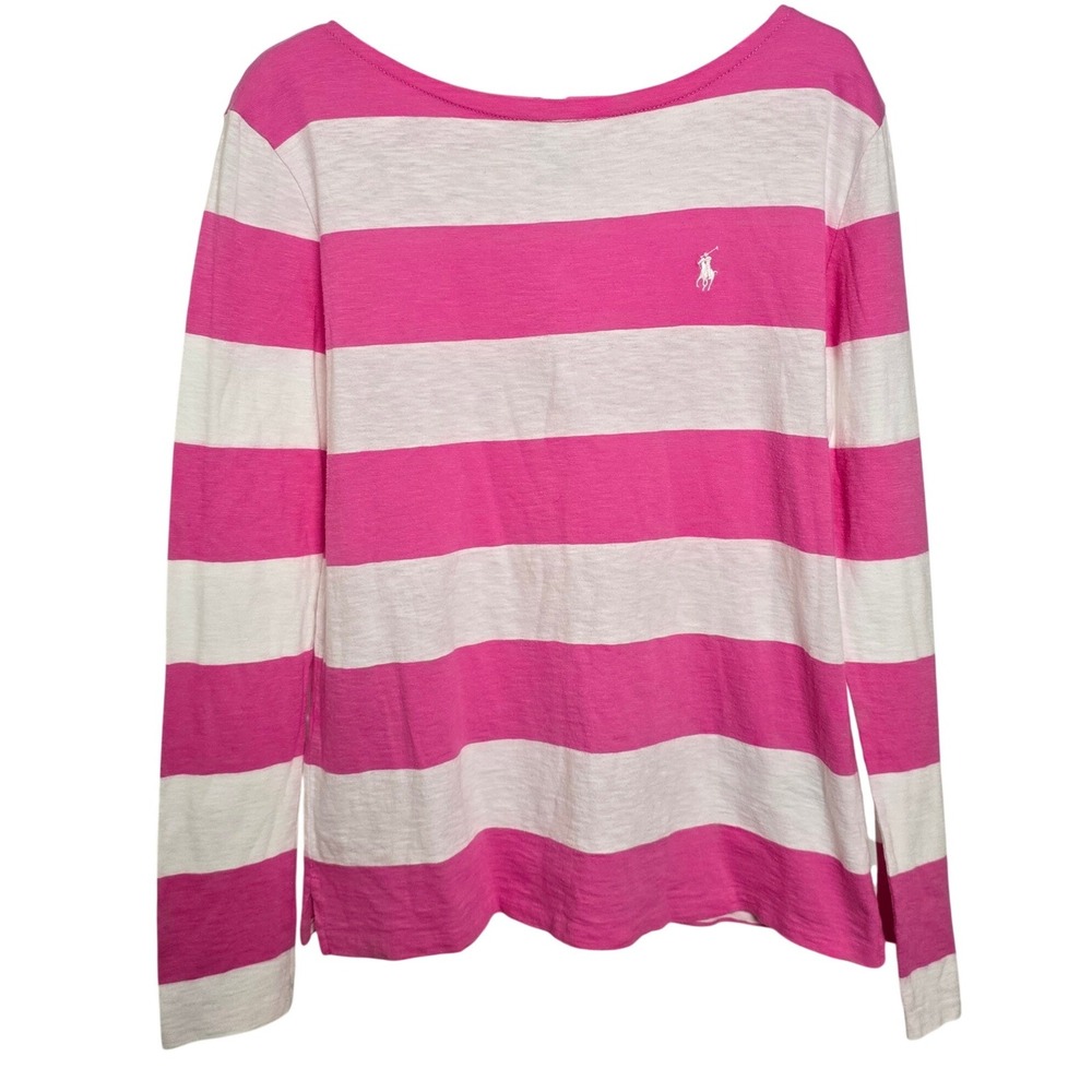Ralph Lauren Sport Pink White Stripe Long Sleeve Top L‎ Boatneck Preppy Coastal